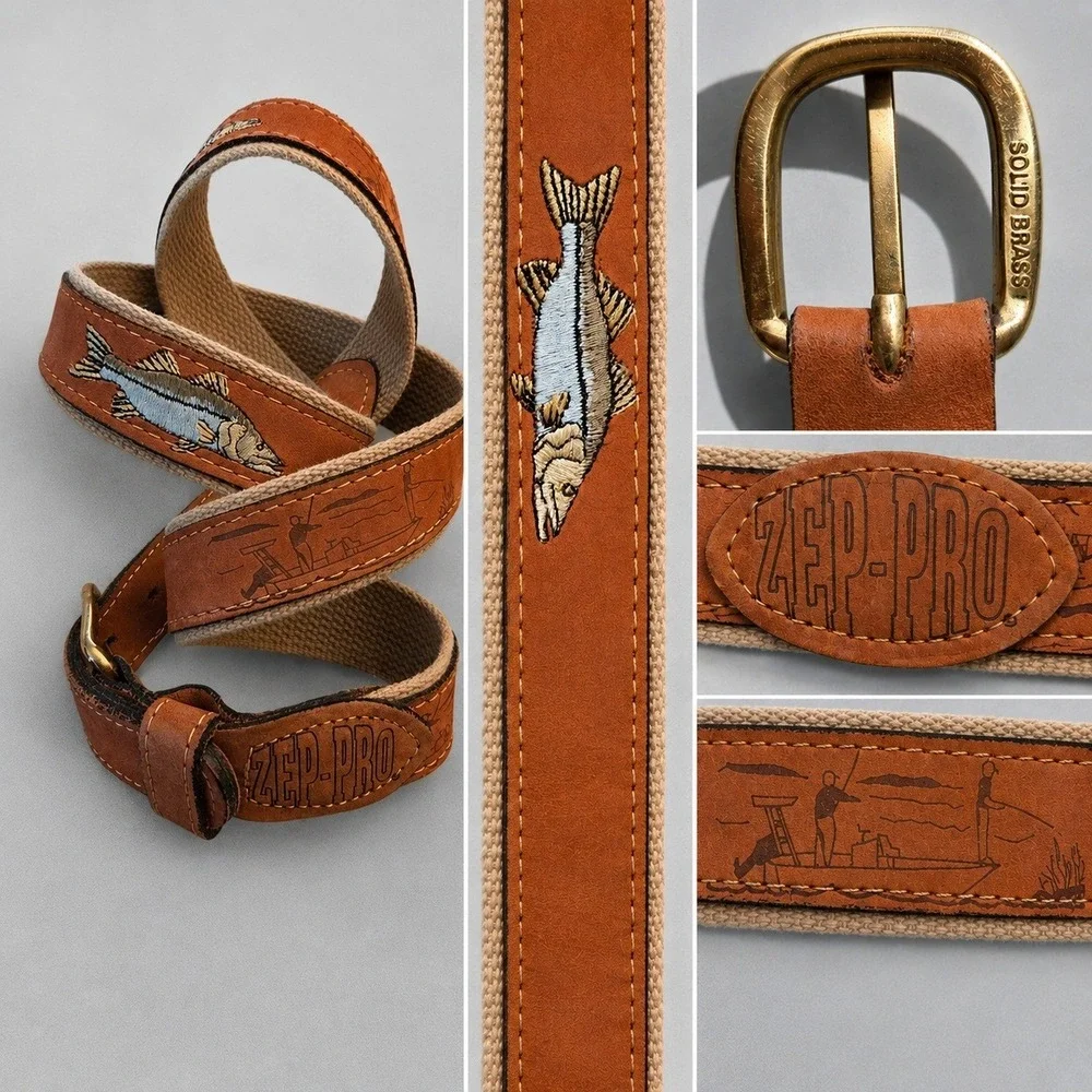 ZEP-PRO Mens Fishing Belt Tan Leather Canvas Snook Embroidered Solid Brass 42 44